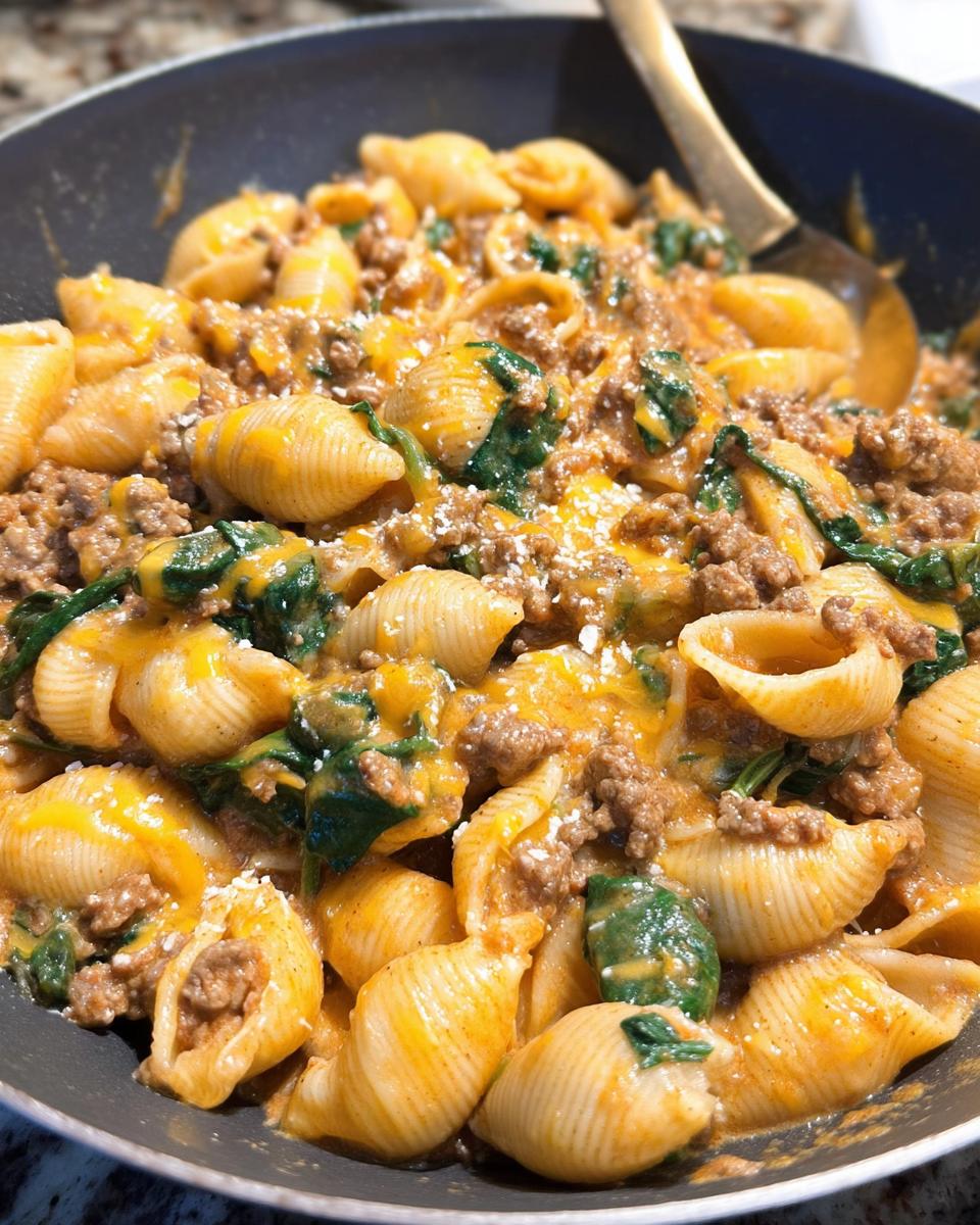 Close-up of Creamy High Protein Beef Pasta with spinach and melted cheese in a pan.