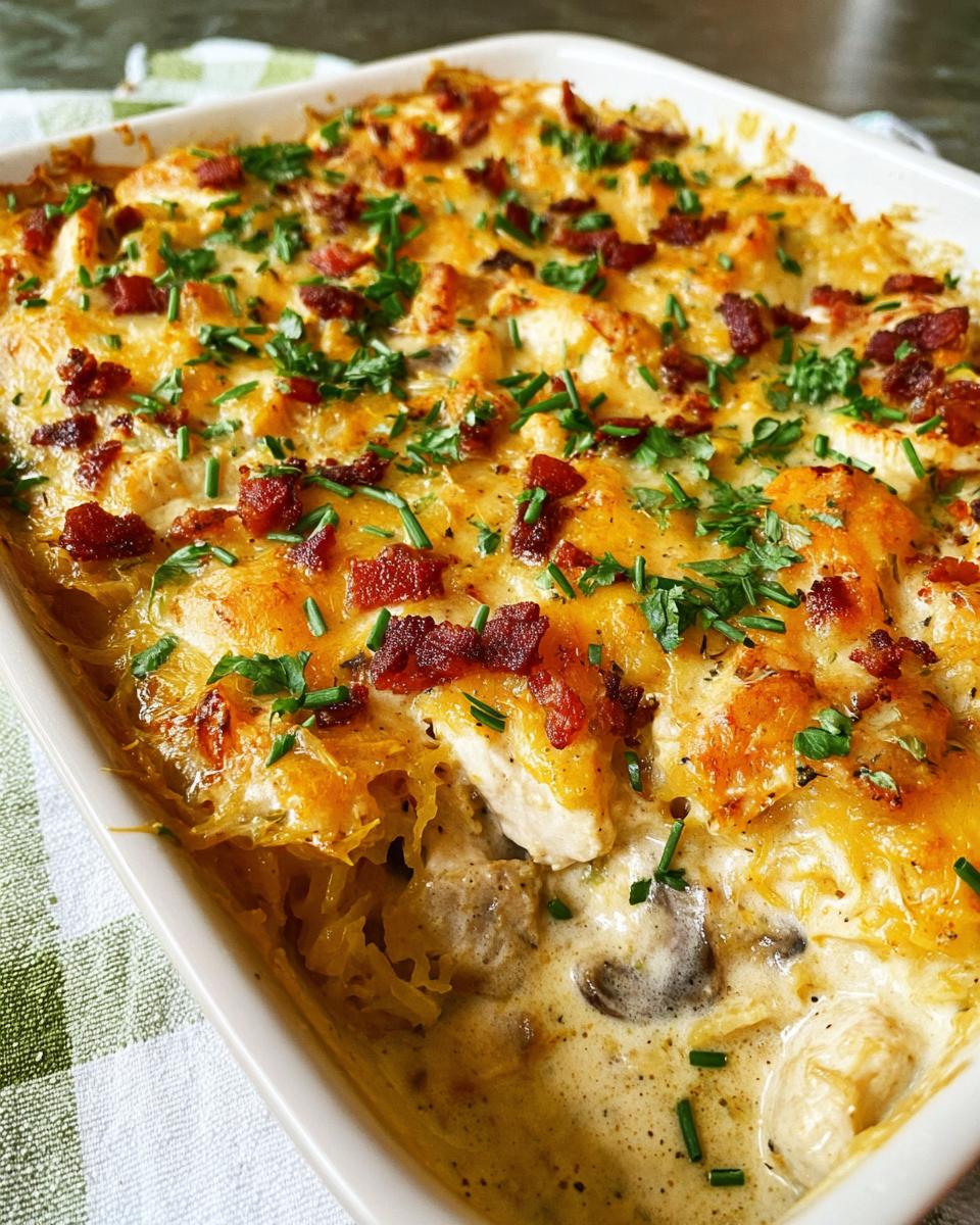 A close-up of a Creamy Low Carb Chicken Casserole baked in a white dish, topped with melted cheese and crispy bacon bits.