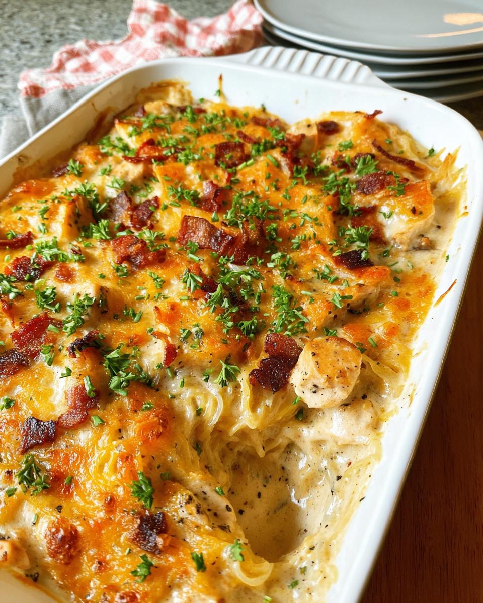 A close-up of a creamy low carb chicken casserole topped with melted cheese and crispy bacon bits.