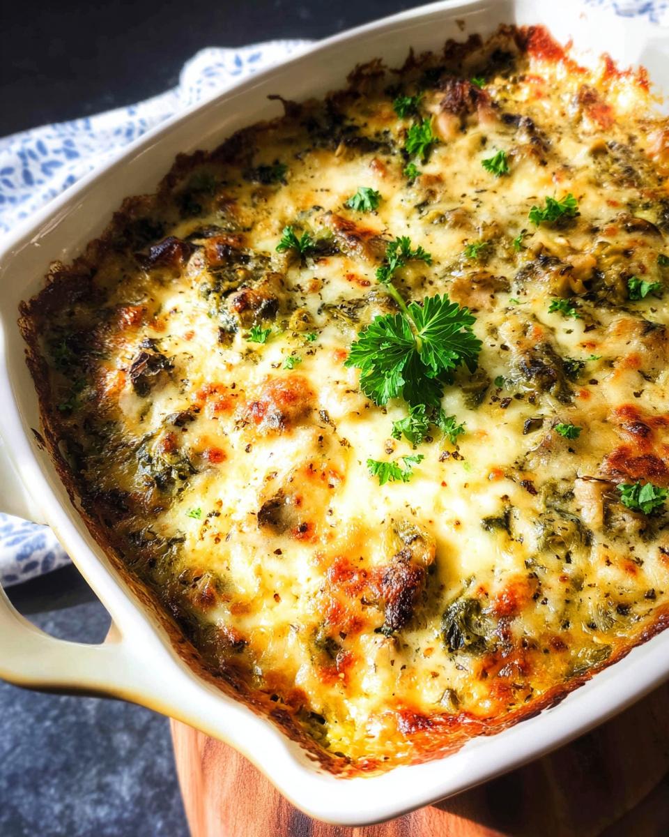 A close-up of a freshly baked Creamy Low Carb Chicken Casserole, bubbling with melted cheese and garnished with parsley.