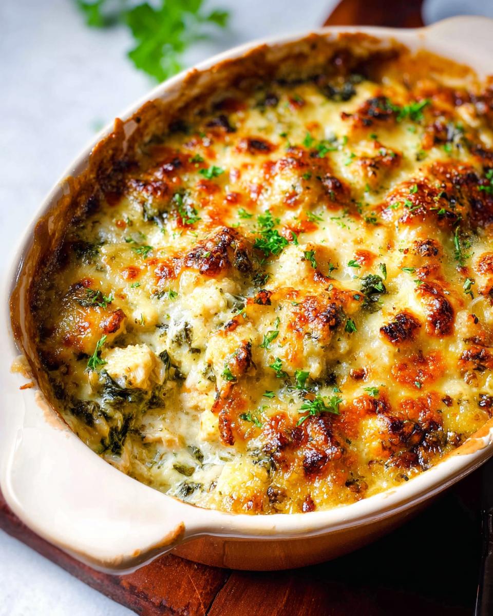 Close-up of a bubbling Creamy Low Carb Chicken Casserole topped with melted cheese and parsley.
