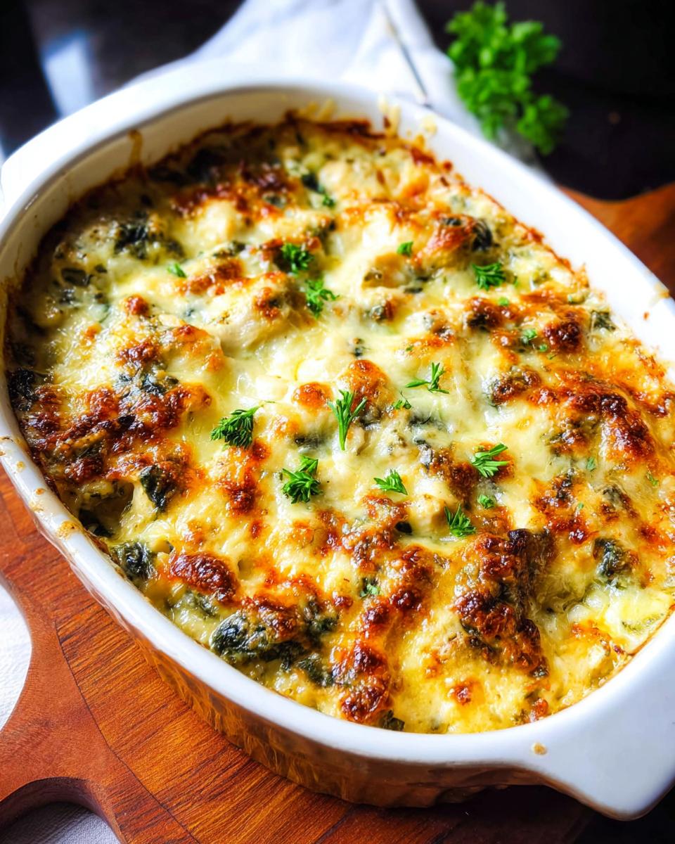A close-up of a freshly baked Creamy Low Carb Chicken Casserole, bubbling with melted cheese and garnished with parsley.