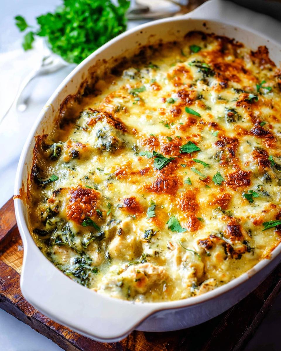 Close-up of a bubbling Creamy Low Carb Chicken Casserole topped with melted cheese and parsley.