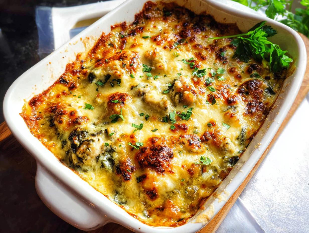 A close-up of a baked Creamy Low Carb Chicken Casserole in a white dish, topped with melted golden cheese and fresh parsley.