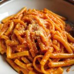 A close-up of a bowl of creamy tomato garlic pasta, topped with grated cheese.