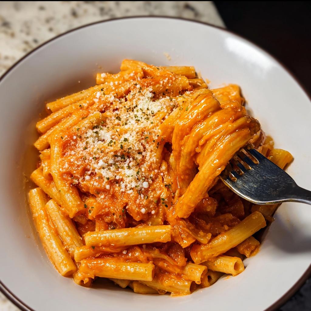 A bowl of creamy tomato garlic pasta, with a fork twirling a portion of the pasta.