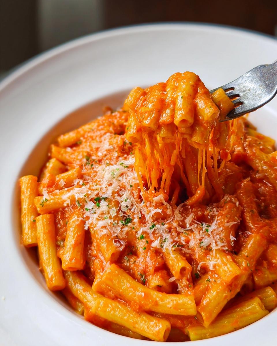 A fork lifting a portion of creamy tomato garlic pasta, showing melted cheese strings, from a white bowl.