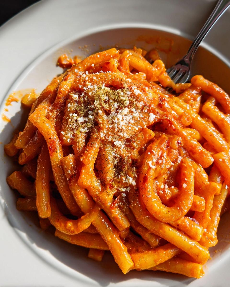 A close-up of creamy tomato garlic pasta, topped with grated cheese and herbs, with a fork in the bowl.