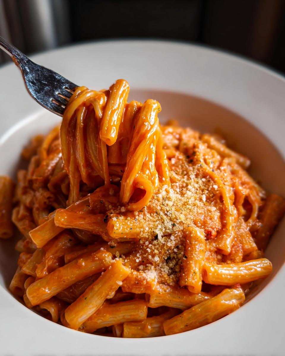 A fork lifting a generous portion of creamy tomato garlic pasta from a white bowl, topped with grated cheese.