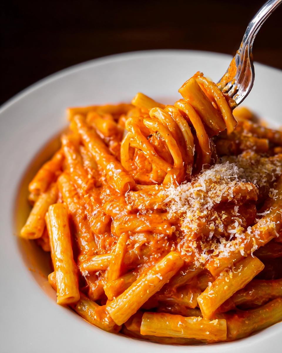 A fork twirls creamy tomato garlic pasta with ziti noodles, topped with grated parmesan cheese.