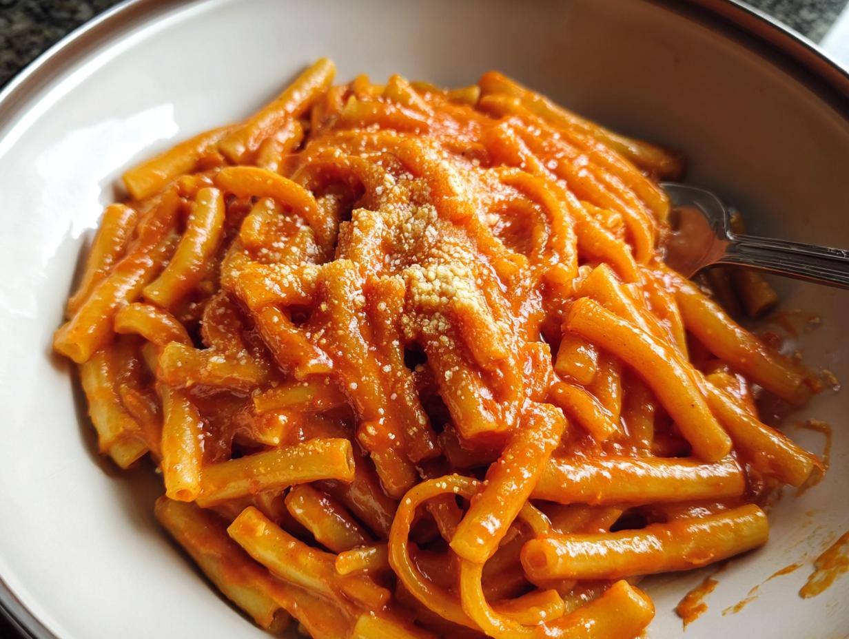 A close-up of a bowl of creamy tomato garlic pasta, topped with grated cheese.