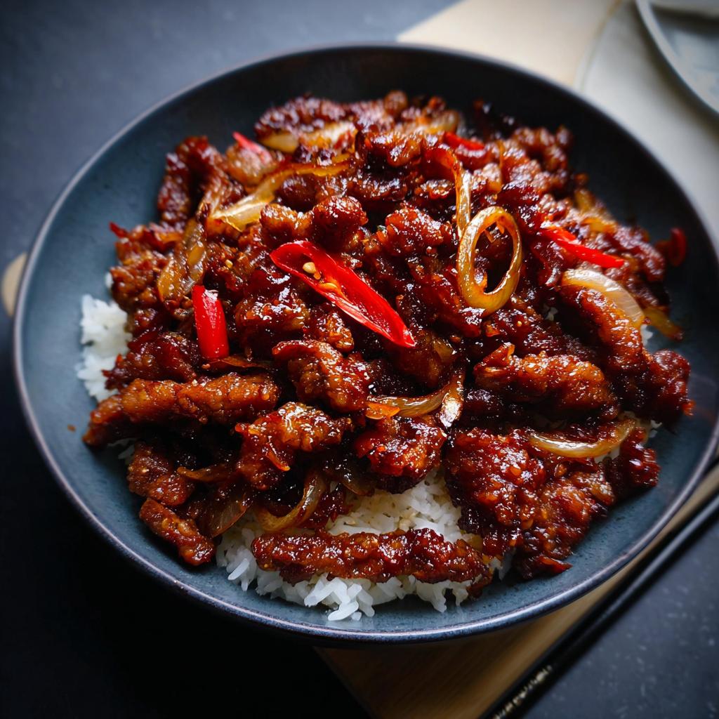 A close-up of a steaming bowl of Crispy Chilli Beef Rice, featuring tender beef strips coated in a glossy sauce, served over fluffy white rice with sliced red chilies and onions.