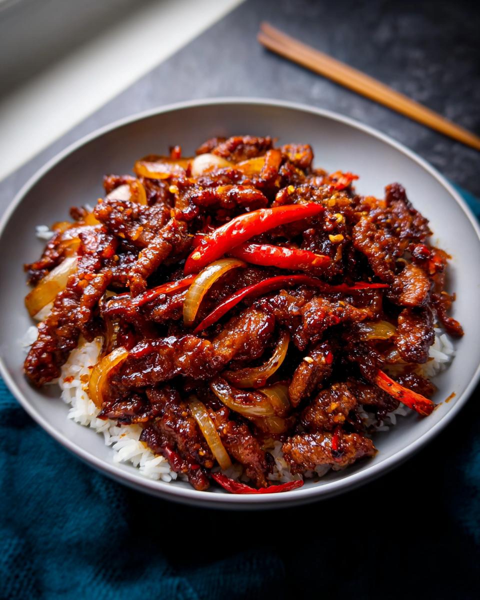 Close-up of a bowl of Crispy Chilli Beef Rice, featuring tender beef strips in a glossy sauce with chili peppers and onions, served over white rice.