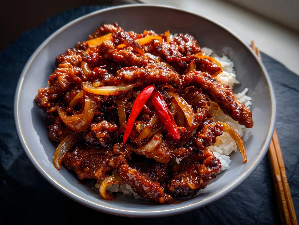 A close-up of a bowl of Crispy Chilli Beef Rice, featuring tender beef strips in a glossy sauce with onions and red chilies, served over white rice.