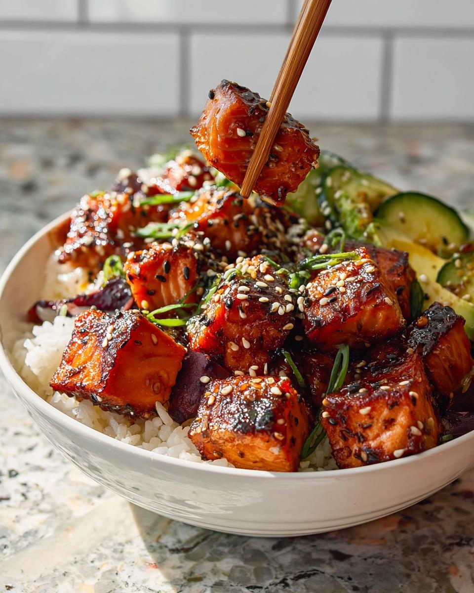 A close-up of a Crispy Salmon and Rice Bowl, with chopsticks lifting a piece of glazed salmon.