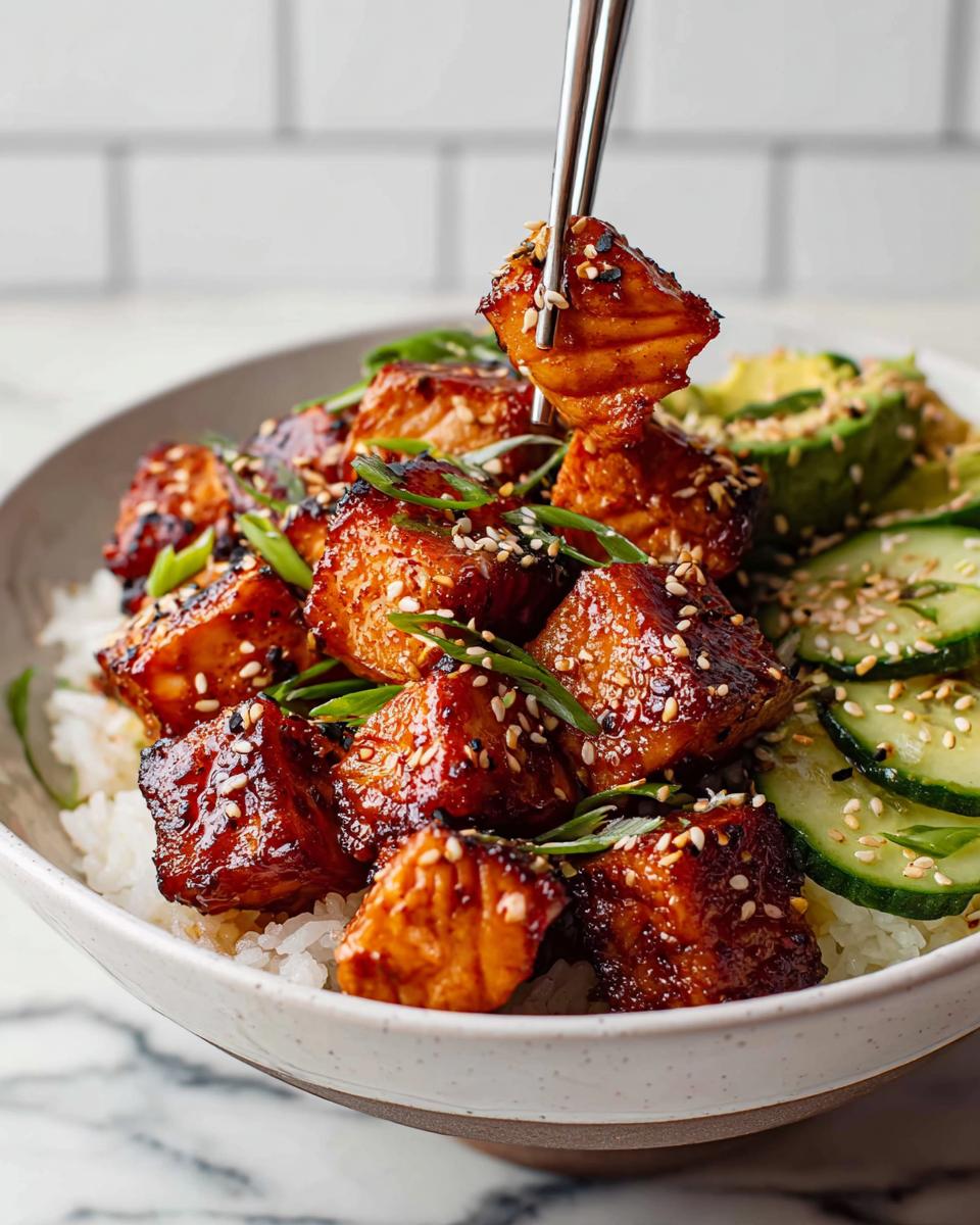 Close-up of a Crispy Salmon and Rice Bowl, with chopsticks lifting a piece of glazed salmon, topped with sesame seeds and green onions.