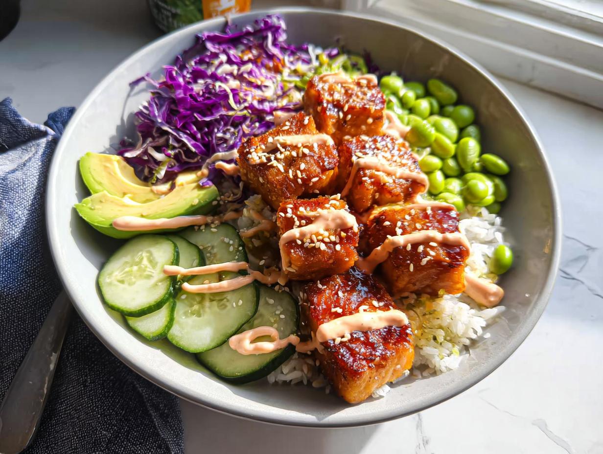 Close-up of a Crispy Salmon and Rice Bowl featuring glazed salmon cubes, white rice, edamame, avocado, cucumber, and red cabbage.