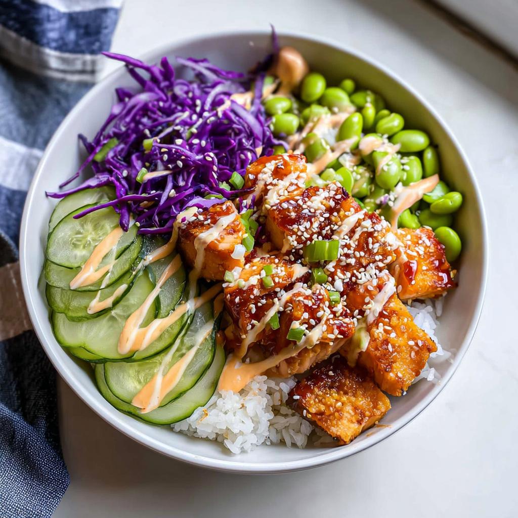 A vibrant Crispy Salmon and Rice Bowl featuring glazed salmon, white rice, sliced cucumbers, red cabbage, and edamame, drizzled with sauce.