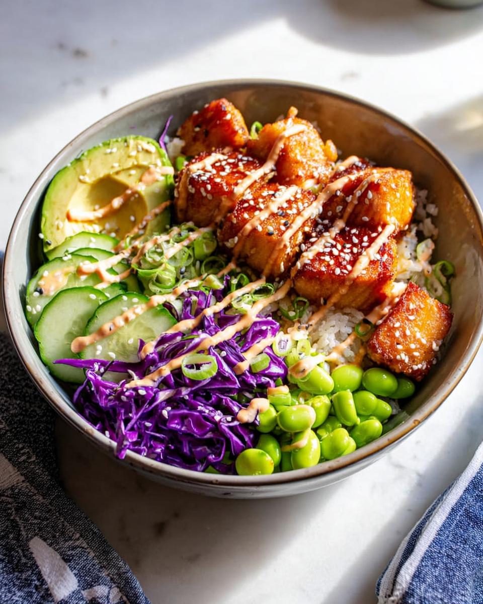 A vibrant Crispy Salmon and Rice Bowl featuring golden-brown salmon pieces, white rice, sliced avocado, cucumber, red cabbage, and edamame.