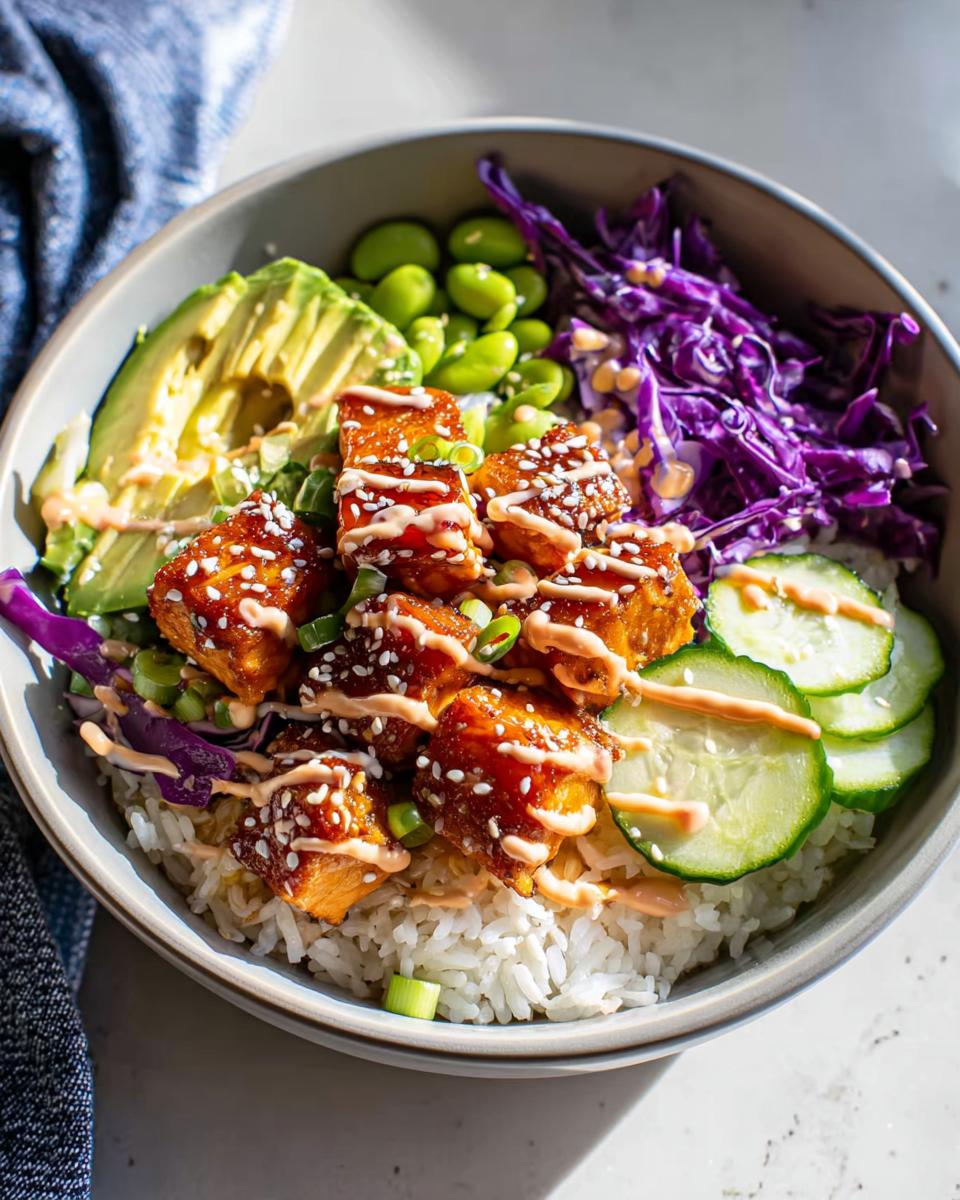 A vibrant Crispy Salmon and Rice Bowl featuring glazed salmon pieces, avocado slices, edamame, cucumber, and red cabbage.
