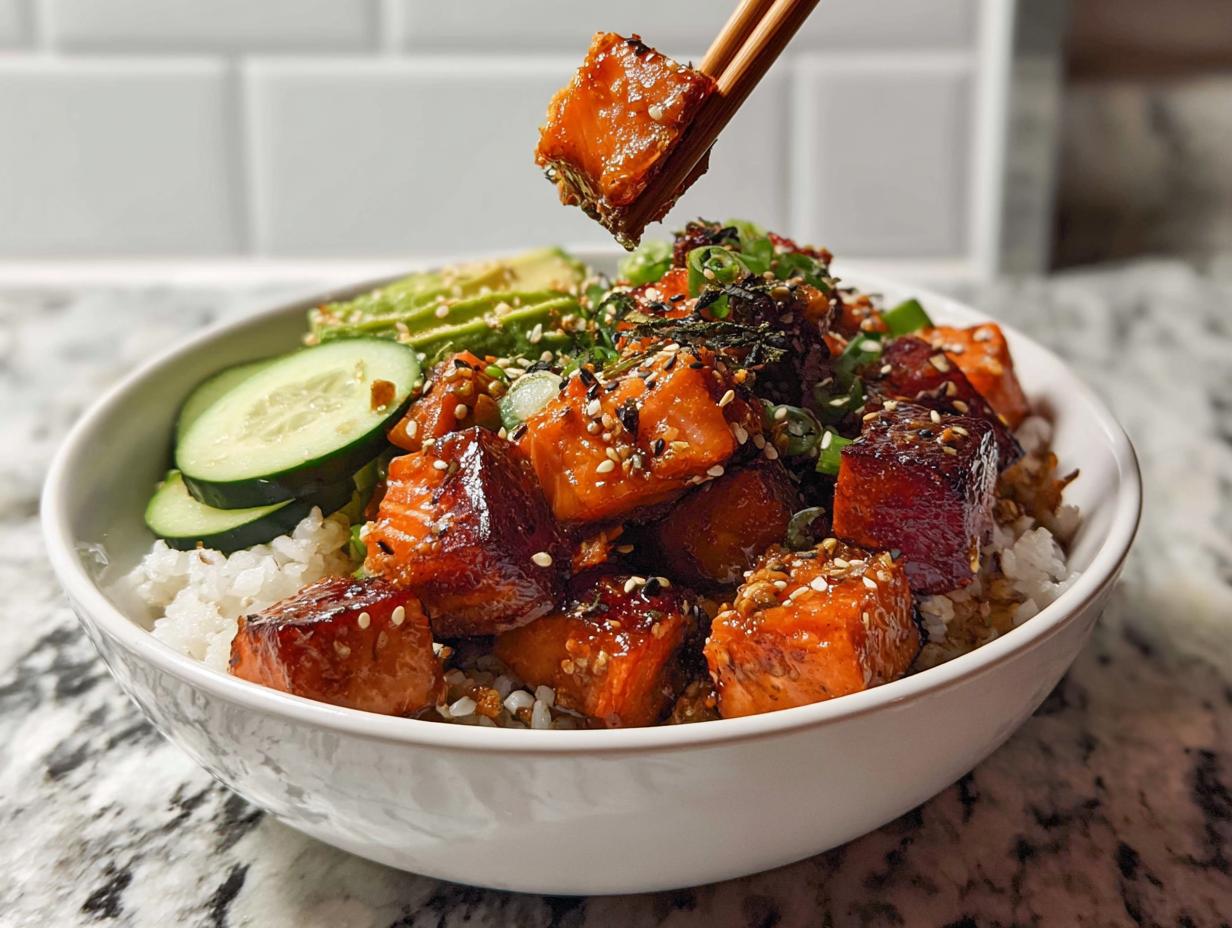 Close-up of a Crispy Salmon and Rice Bowl with glazed salmon cubes, avocado slices, cucumber, and sesame seeds.