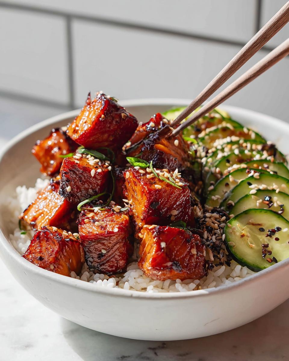 A close-up of a Crispy Salmon and Rice Bowl, featuring glazed salmon cubes, white rice, and sliced cucumbers topped with sesame seeds.