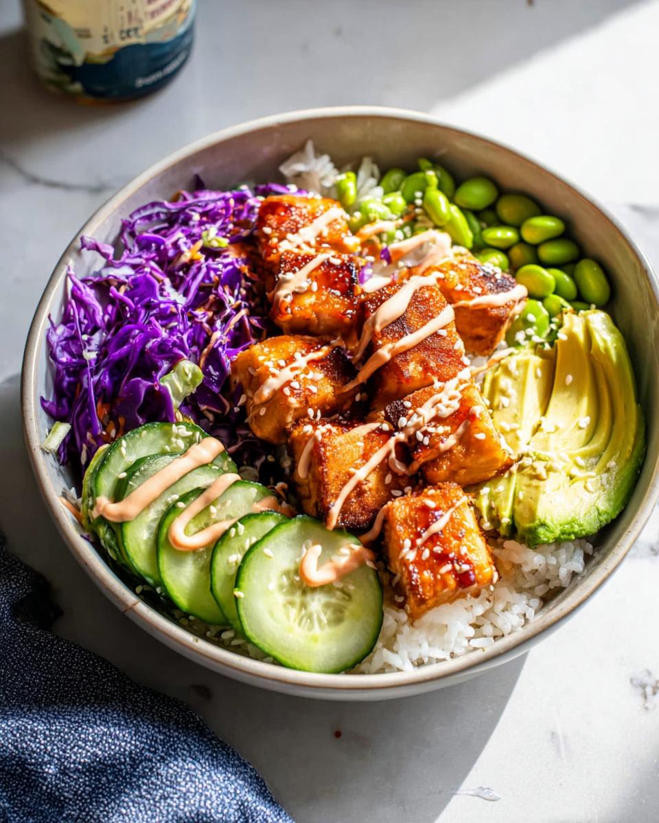 A vibrant Crispy Salmon and Rice Bowl featuring glazed salmon cubes, white rice, sliced avocado, cucumber, red cabbage, and edamame, drizzled with sauce.