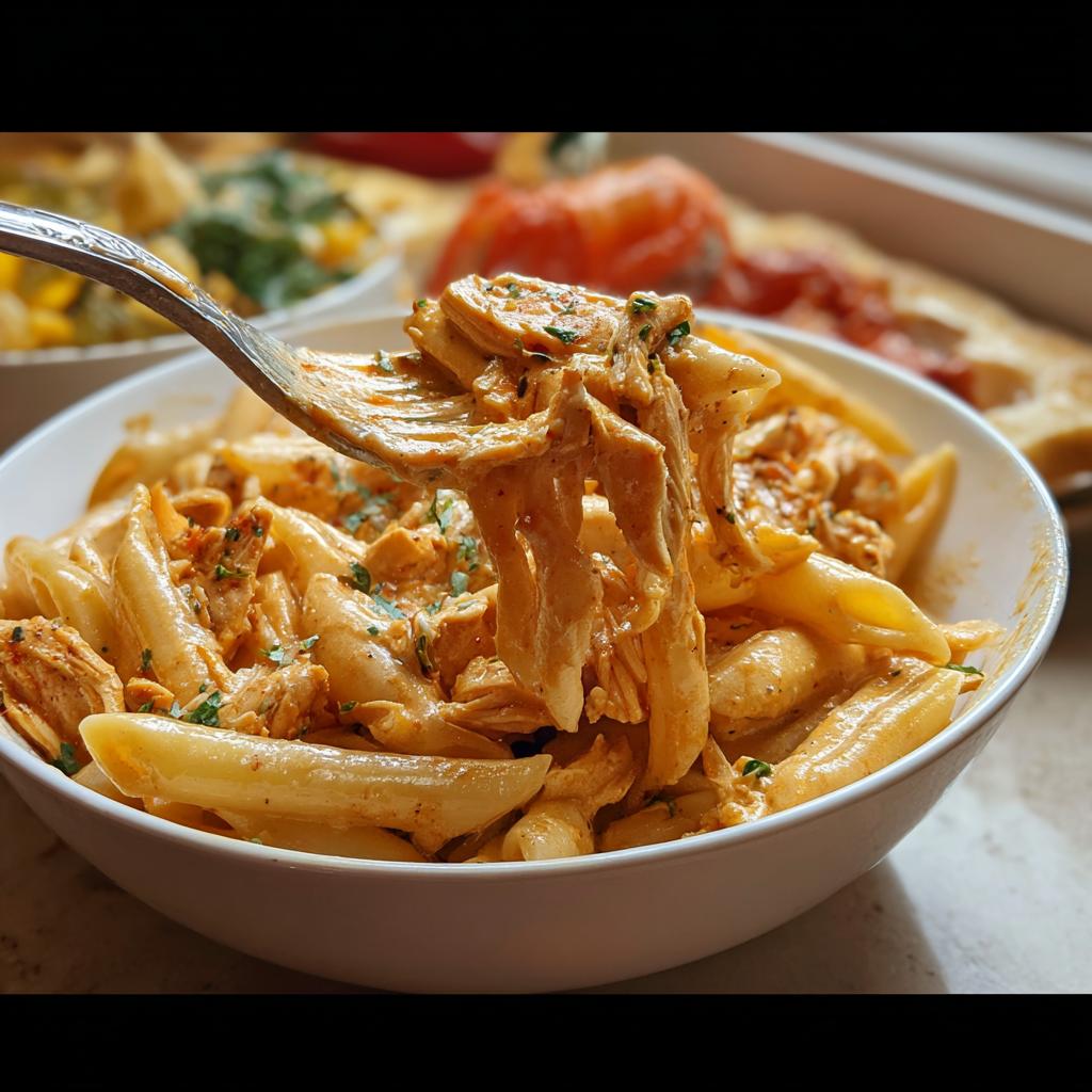 A fork lifting a generous portion of Crock Pot Creamy Cajun Chicken Pasta from a white bowl, showing creamy sauce and shredded chicken.