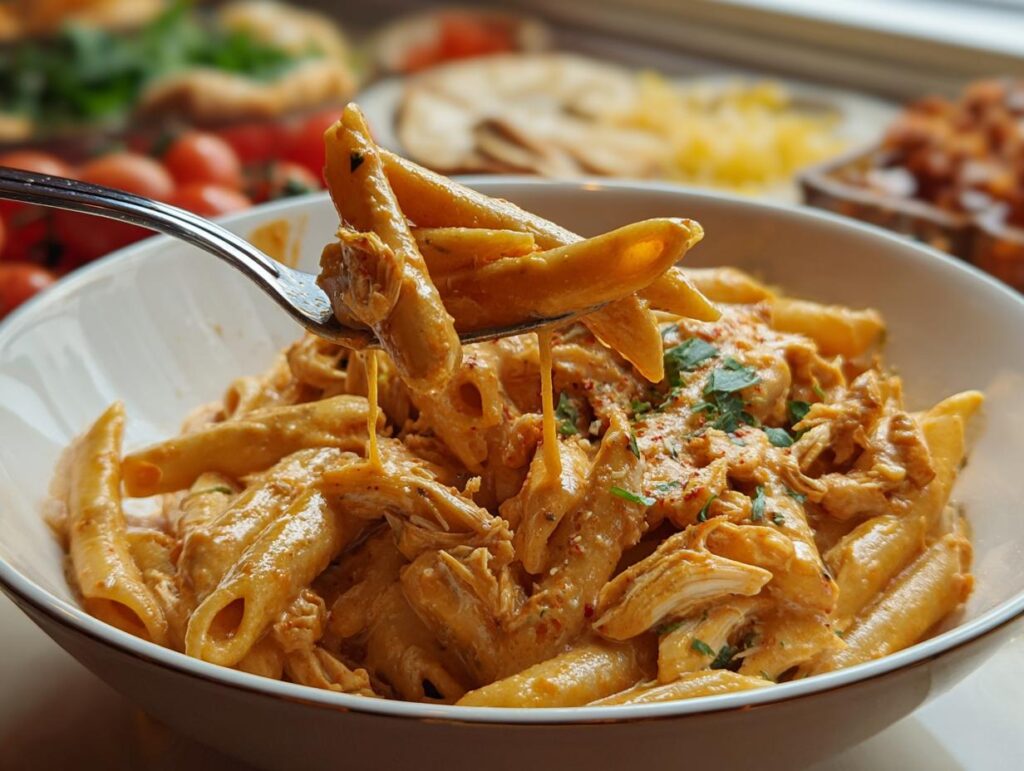 A fork lifting a portion of Crock Pot Creamy Cajun Chicken Pasta from a white bowl, showing creamy sauce and shredded chicken.