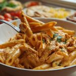 A fork lifting a portion of Crock Pot Creamy Cajun Chicken Pasta from a white bowl, showing creamy sauce and shredded chicken.