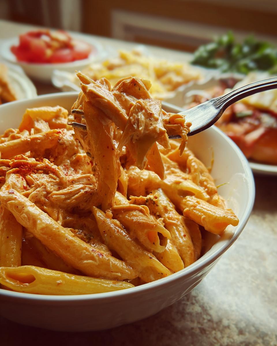 A fork lifting a bite of Crock Pot Creamy Cajun Chicken Pasta from a white bowl.
