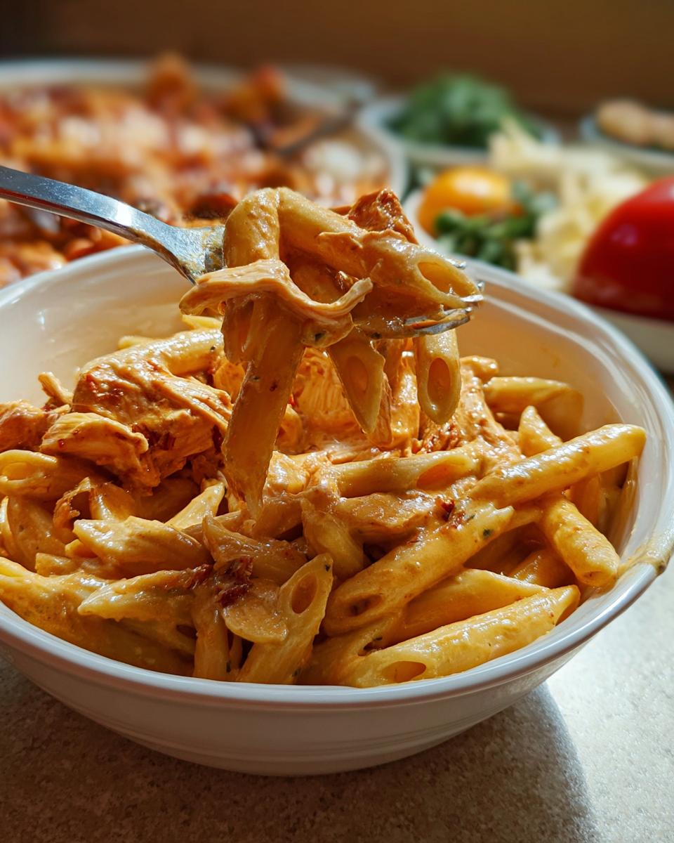 A fork lifting a portion of Crock Pot Creamy Cajun Chicken Pasta from a white bowl, showing penne pasta coated in a rich, orange sauce with shredded chicken.