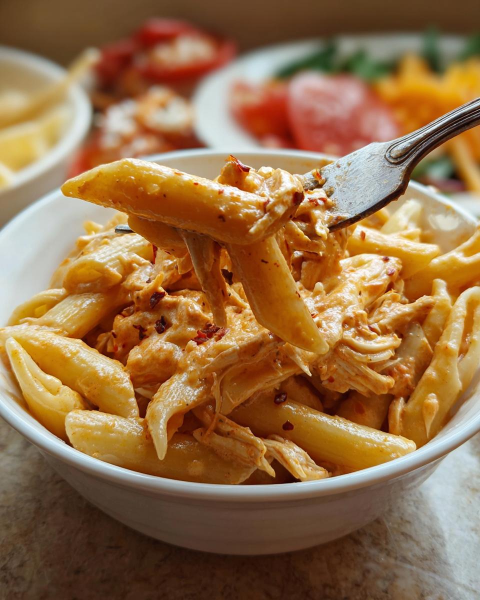 A fork lifting a portion of Crock Pot Creamy Cajun Chicken Pasta from a white bowl, showing penne pasta coated in creamy sauce with shredded chicken.