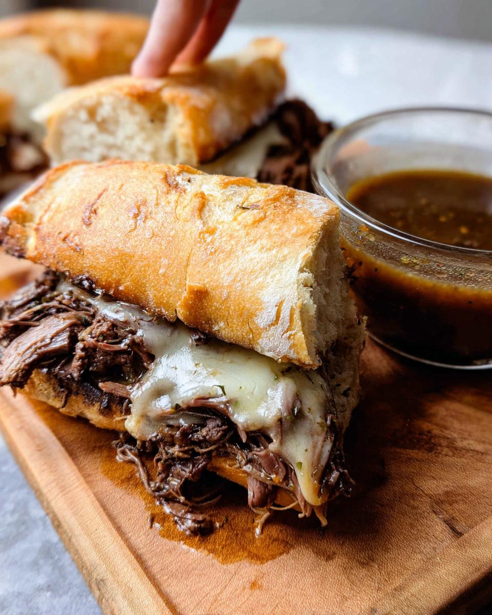 A close-up of a Crockpot French Dip Sandwich on a wooden board with a side of au jus.