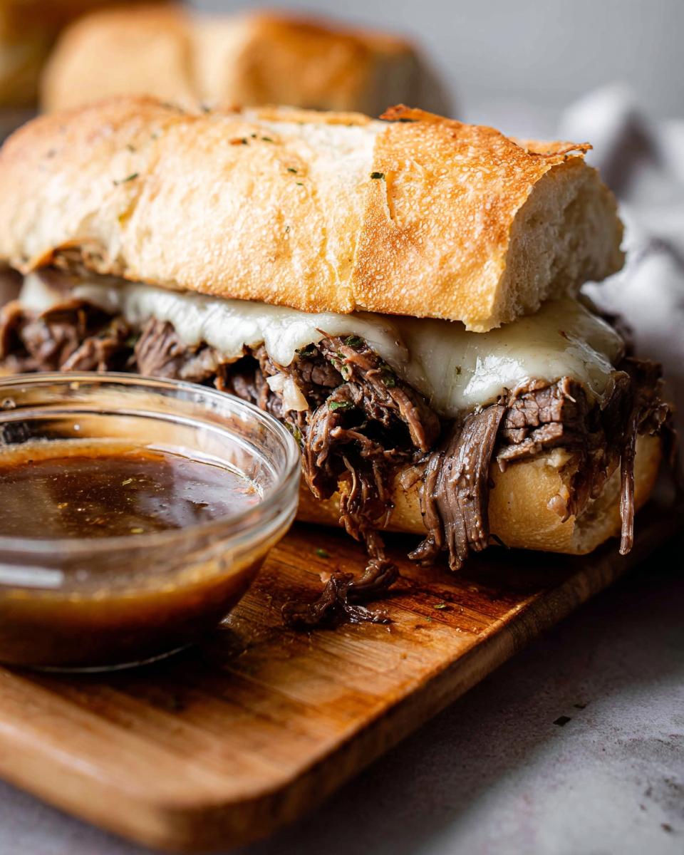 A close-up of a delicious Crockpot French Dip Sandwich filled with shredded beef and melted cheese, served with a side of au jus.