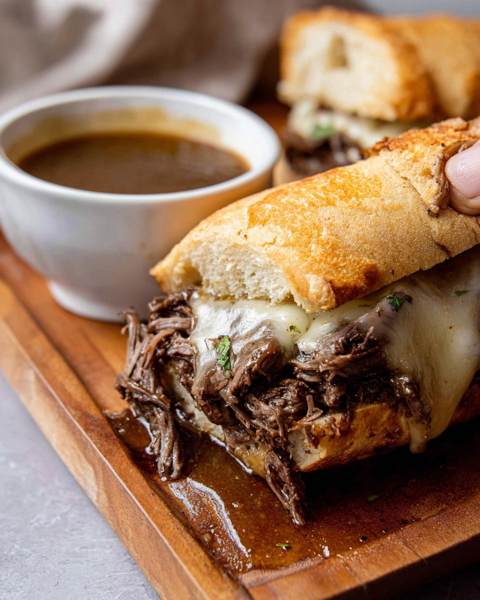 Close-up of a delicious Crockpot French Dip Sandwich overflowing with tender shredded beef and melted cheese, served with a side of au jus.