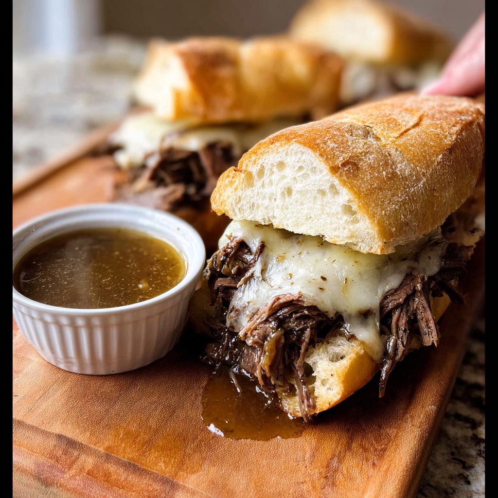 Close-up of a delicious Crockpot French Dip Sandwich, piled high with shredded beef and melted cheese, served with a side of au jus.
