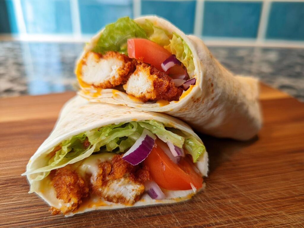 Two Crunchy Crispy Air Fryer Chicken & Mozzarella Wraps filled with lettuce, tomato, and red onion on a wooden board.