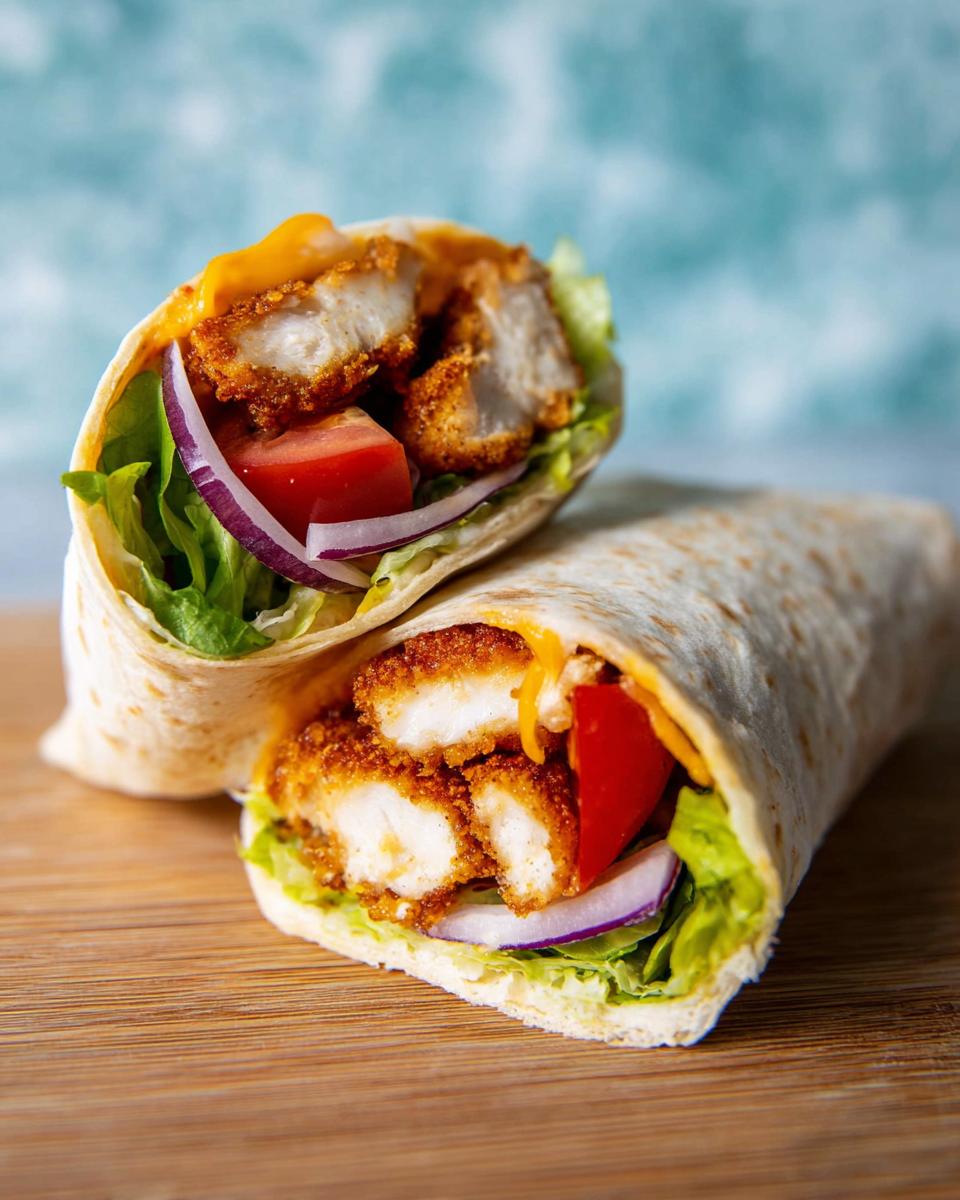 Two halves of Crunchy Crispy Air Fryer Chicken & Mozzarella Wraps filled with lettuce, tomato, onion, and melted cheese.