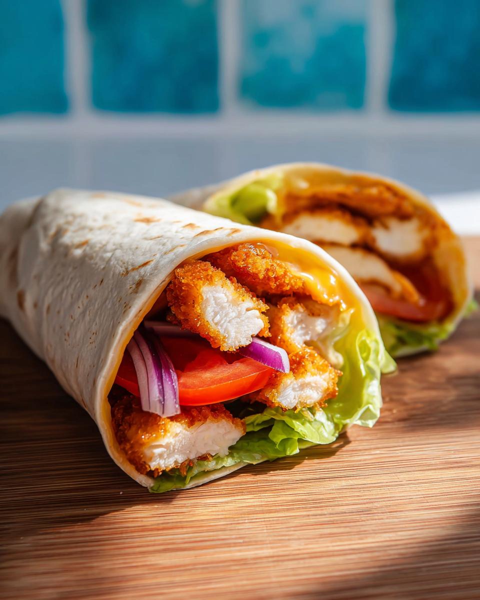 Close-up of Crunchy Crispy Air Fryer Chicken & Mozzarella Wraps filled with lettuce, tomato, onion, and crispy chicken.