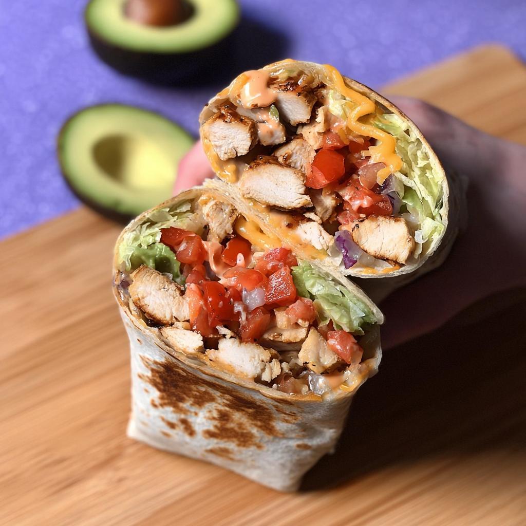 A halved Easy Chipotle Ranch Grilled Chicken Burrito overflowing with grilled chicken, tomatoes, lettuce, cheese, and sauce.