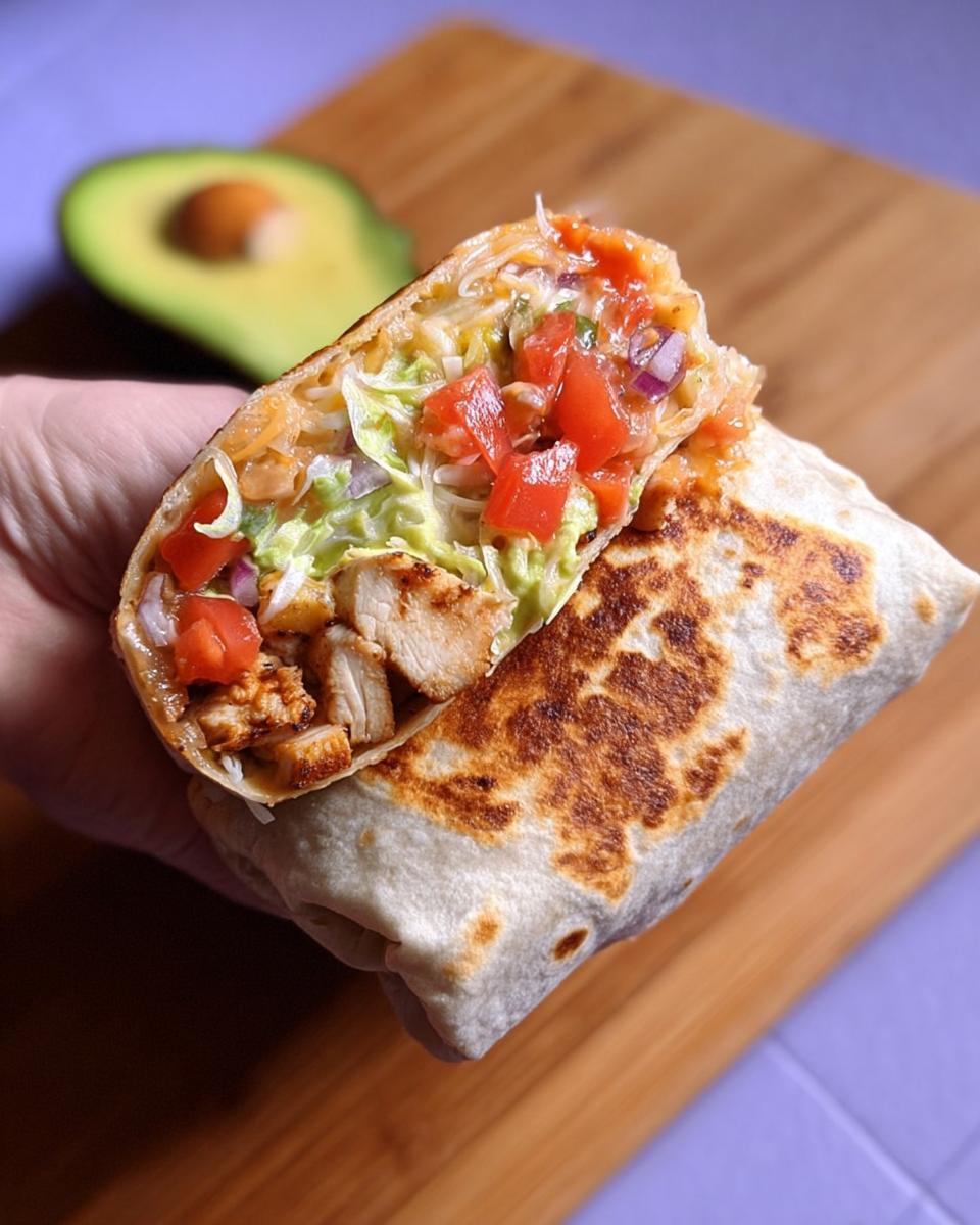 A delicious Easy Chipotle Ranch Grilled Chicken Burrito, cut in half, revealing grilled chicken, lettuce, tomato, and avocado.