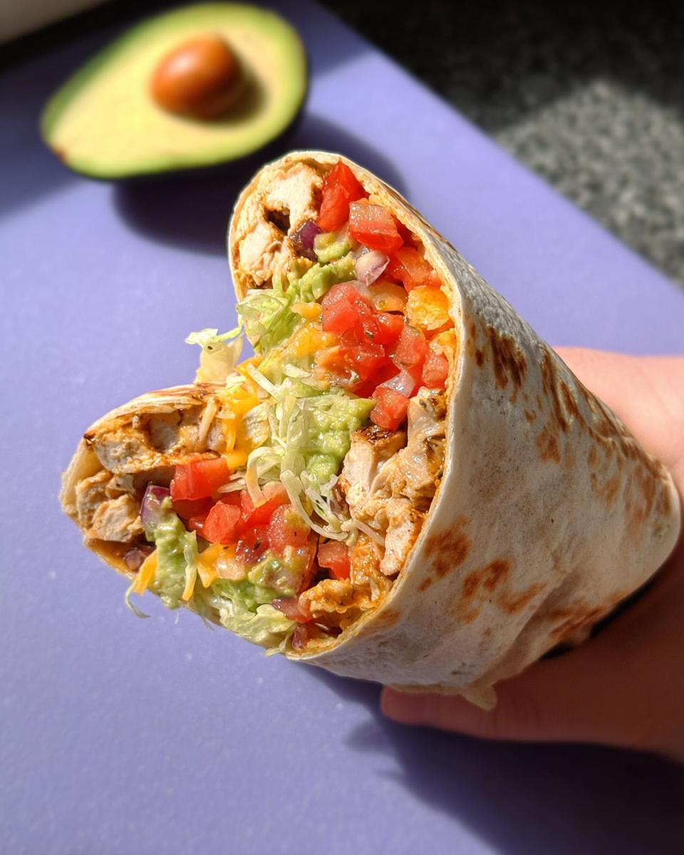 A delicious Easy Chipotle Ranch Grilled Chicken Burrito filled with chicken, guacamole, tomatoes, lettuce, and cheese.