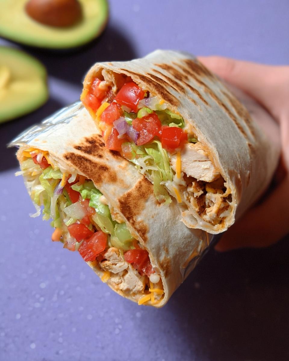 A halved Easy Chipotle Ranch Grilled Chicken Burrito filled with chicken, lettuce, tomatoes, onions, and cheese.