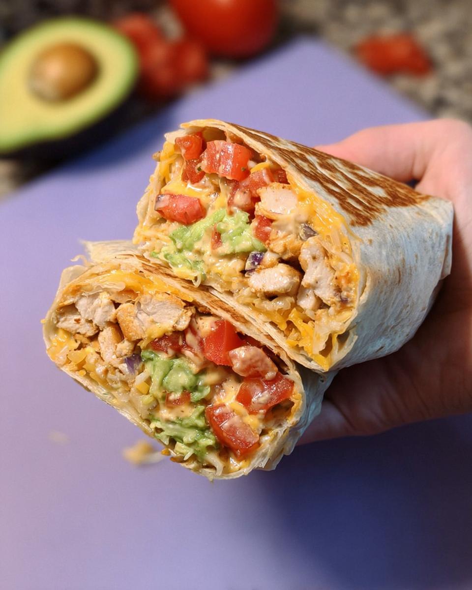 A halved Easy Chipotle Ranch Grilled Chicken Burrito showing chicken, avocado, tomatoes, and cheese.