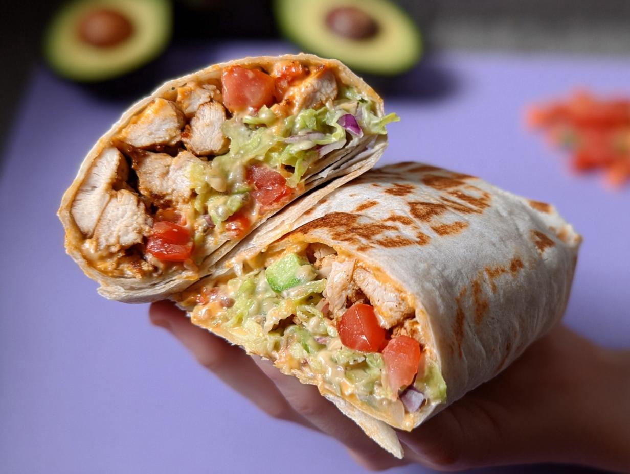A halved Easy Chipotle Ranch Grilled Chicken Burrito showing grilled chicken, avocado, tomato, lettuce, and chipotle ranch sauce.