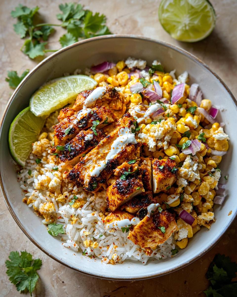 A delicious Easy Street Corn Chicken Bowl filled with rice, seasoned chicken, corn, crumbled cheese, red onion, and lime wedges.