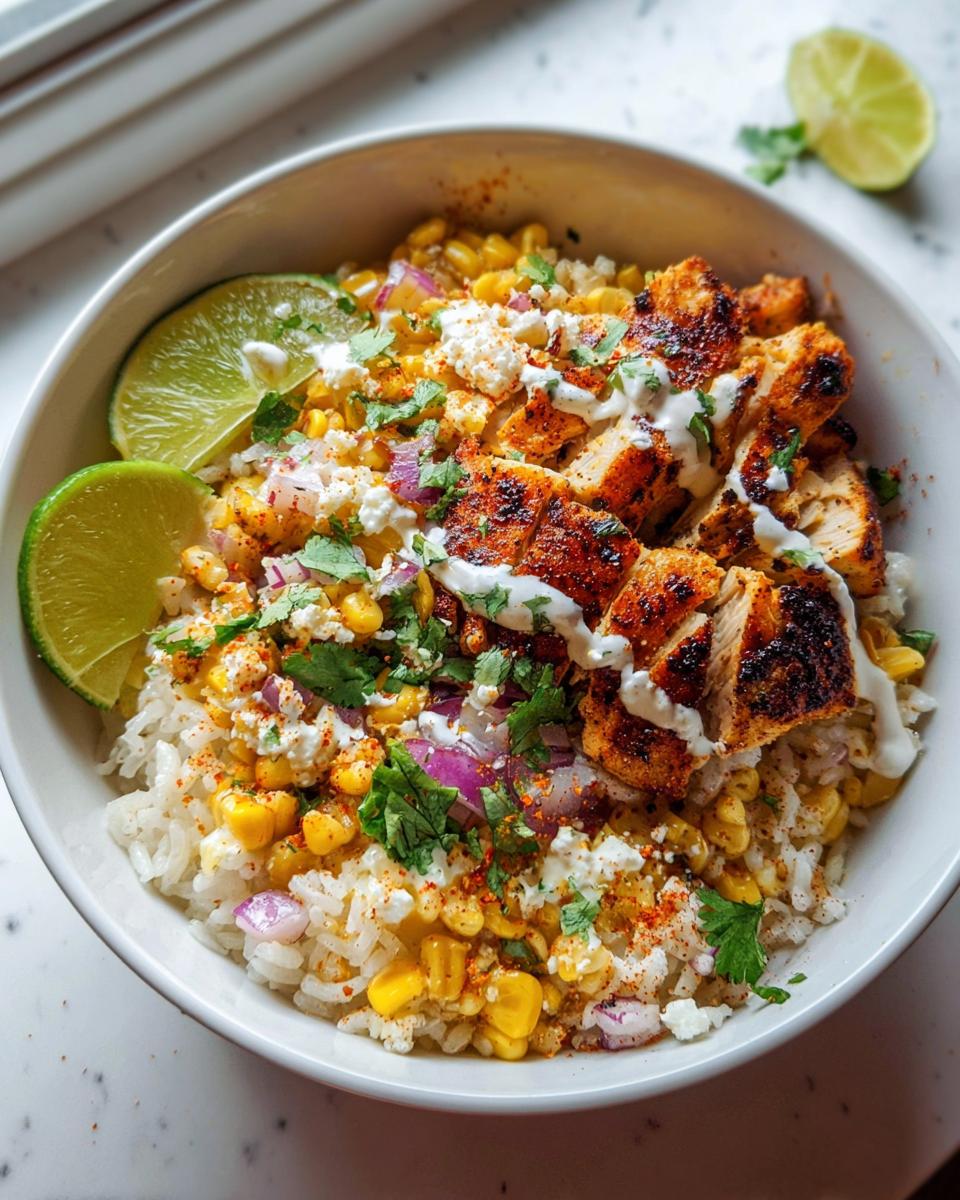 A close-up of an Easy Street Corn Chicken Bowl filled with rice, corn, chicken, cheese, red onion, cilantro, and lime wedges.