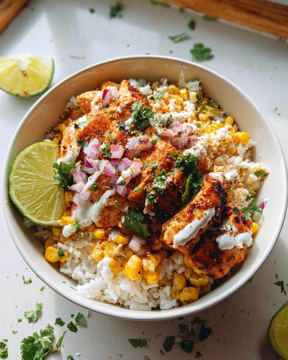 Close-up of an Easy Street Corn Chicken Bowl with rice, corn, seasoned chicken, red onion, cilantro, and a lime wedge.