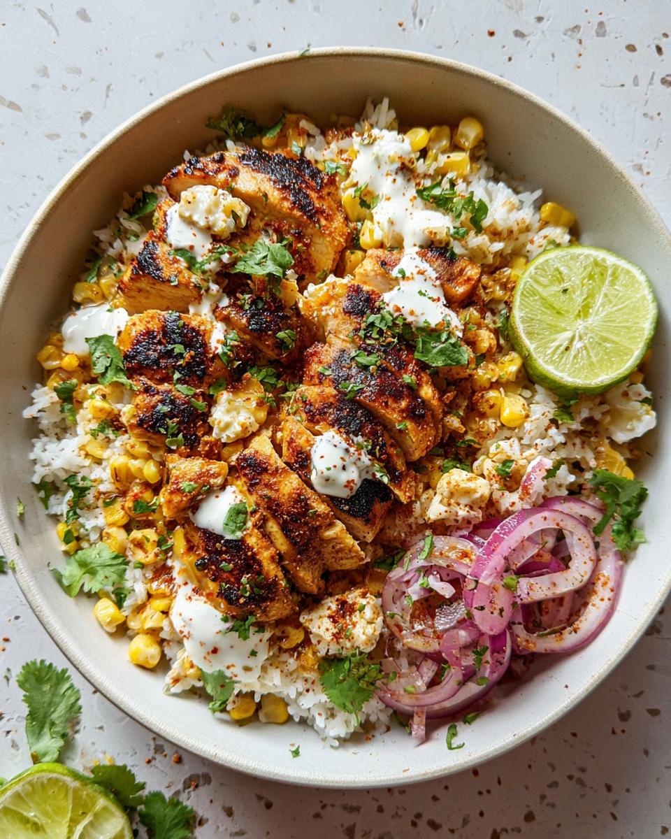 A delicious Easy Street Corn Chicken Bowl topped with grilled chicken, rice, corn, and a lime wedge.